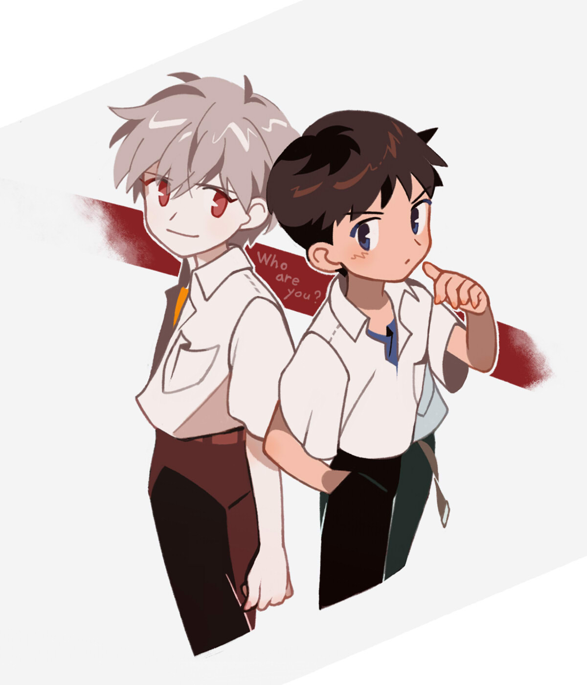 tanba (tanba-art), ikari shinji, nagisa kaworu, neon genesis evangelion, commentary, english commentary, highres, 2boys, belt, brown hair, brown pants, closed mouth, collared shirt, hand in pocket, male focus, multiple boys, orange shirt, pants, red eyes, shirt, short hair, simple background, smile, white shirt