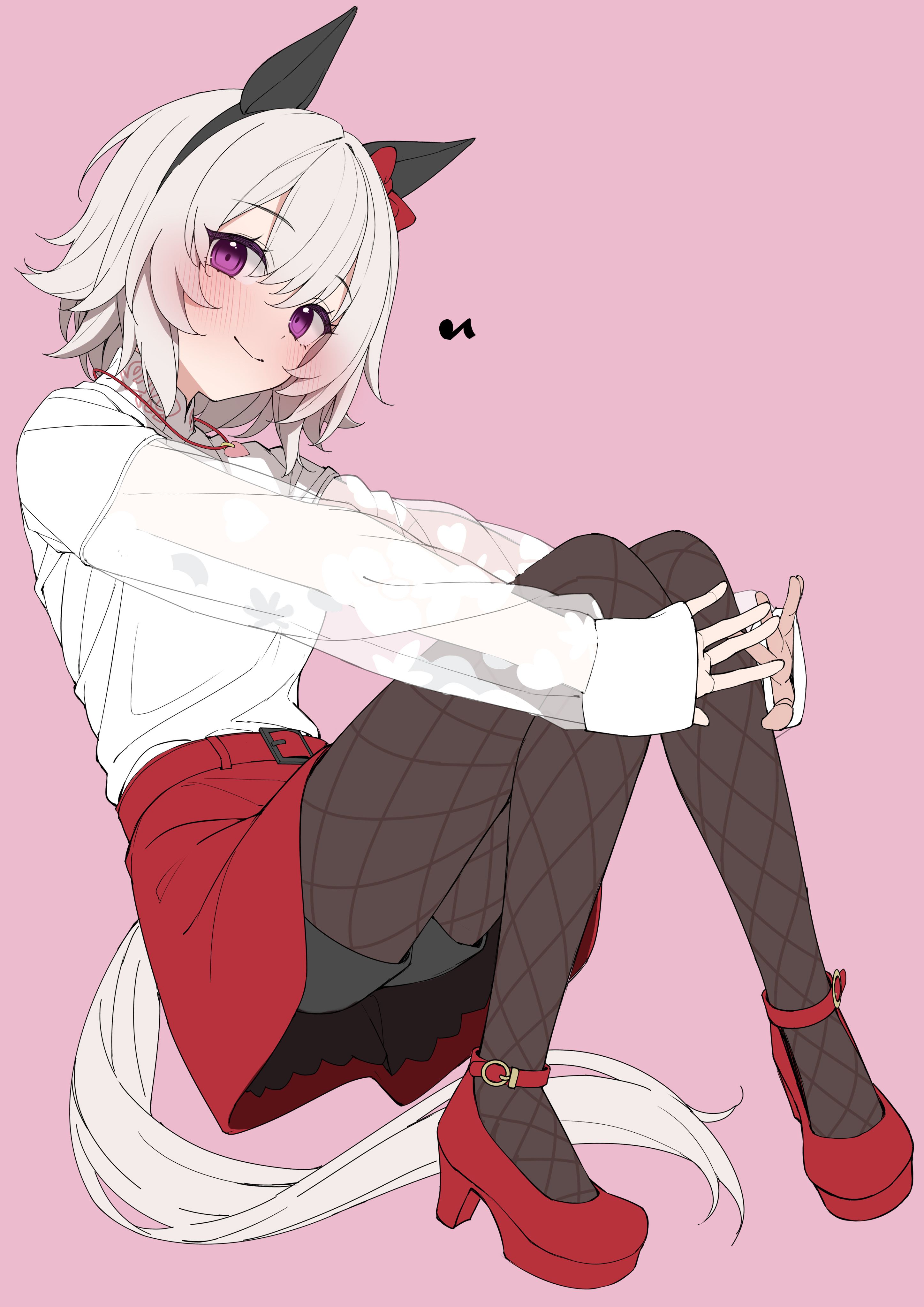 kawai ritsu (rits meg), curren chan (casual) (umamusume), curren chan (umamusume), umamusume, absurdres, highres, 1girl, animal ears, blush, bow, breasts, ear bow, ear covers, grey hair, hair between eyes, horse ears, horse girl, horse tail, long sleeves, looking at viewer, purple eyes, red bow, shirt, short hair, simple background, single ear cover, smile, solo, tail