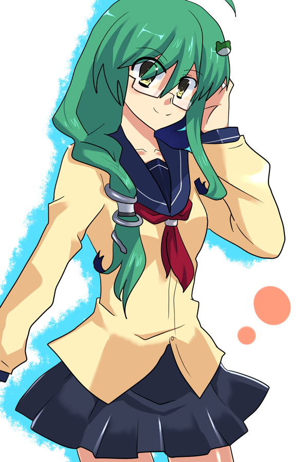 akatoro (nightlord), toro (pixiv), kochiya sanae, touhou, 1girl, alternate costume, bespectacled, female focus, glasses, green hair, hair ornament, school uniform, skirt, solo, white background, yellow eyes