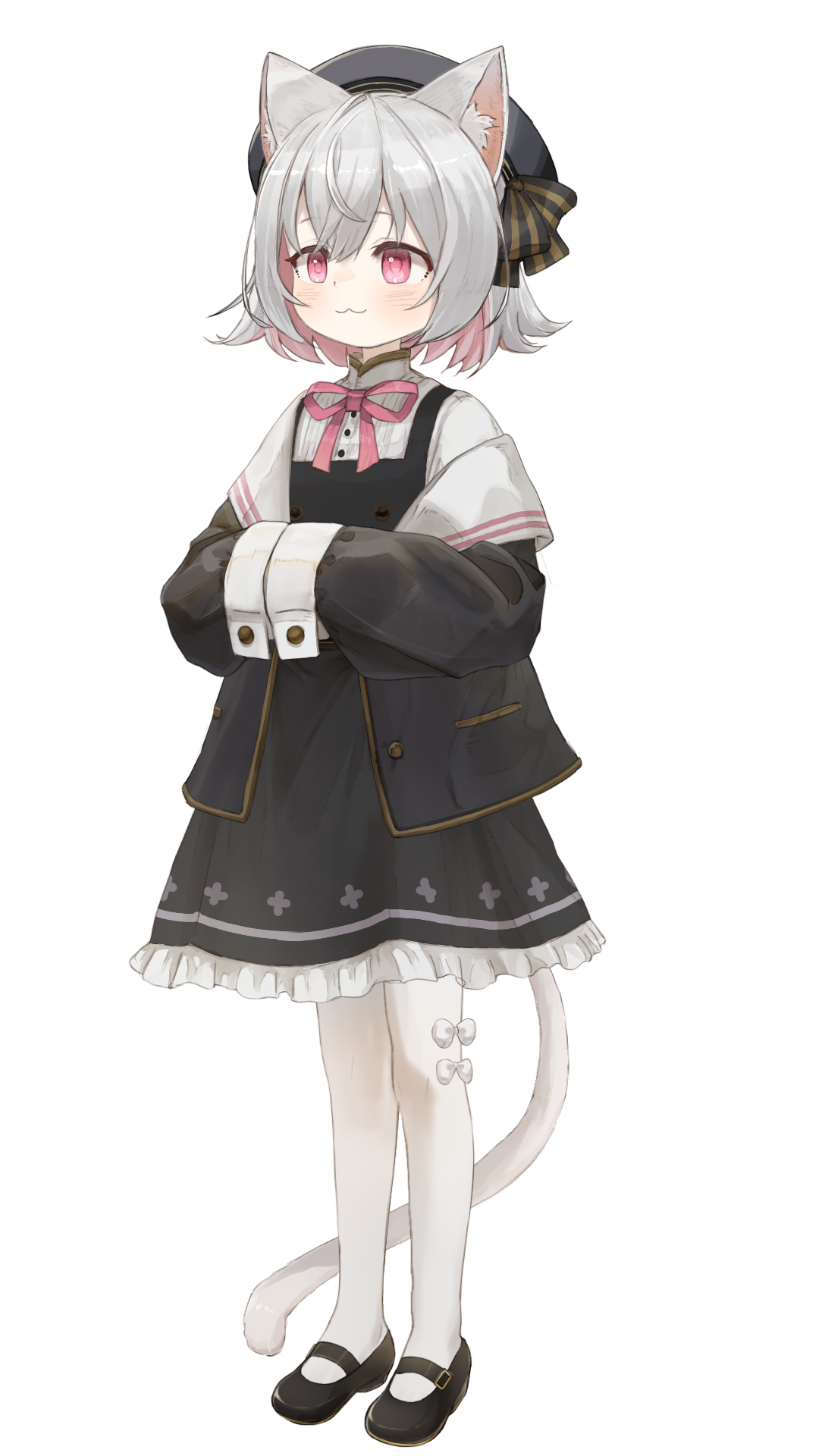 puka (puka bgart), sayo (voicevox), voicevox, commission, highres, pixiv commission, 1girl, :3, animal ears, belt, black dress, black jacket, black shoes, bow, bowtie, cat ears, cat girl, cat tail, dress, frilled dress, frills, grey hair, hands in opposite sleeves, hat, jacket, long sleeves, mary janes, multicolored hair, off shoulder, open clothes, open jacket, pantyhose, pink bow, pink bowtie, pink eyes, pink hair, shirt, shoes, tachi-e, tail, transparent background, two-tone hair, white pantyhose, white shirt