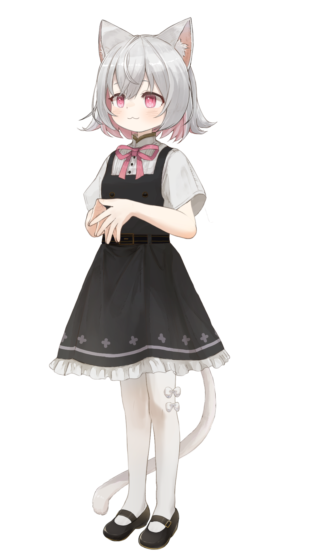 puka (puka bgart), sayo (voicevox), voicevox, commission, highres, pixiv commission, 1girl, :3, animal ears, black dress, black shoes, bow, bowtie, cat ears, cat girl, cat tail, dress, frilled dress, frills, grey hair, mary janes, multicolored hair, pantyhose, pink bow, pink bowtie, pink eyes, pink hair, shirt, shoes, short hair, short sleeves, steepled fingers, tachi-e, tail, transparent background, two-tone hair, white pantyhose, white shirt