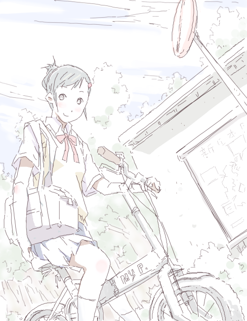 katakuri, original, 1girl, bag, bicycle, black hair, brown eyes, female focus, hair ornament, hair up, hairclip, oekaki, school uniform, short hair, skirt, smile, socks, solo