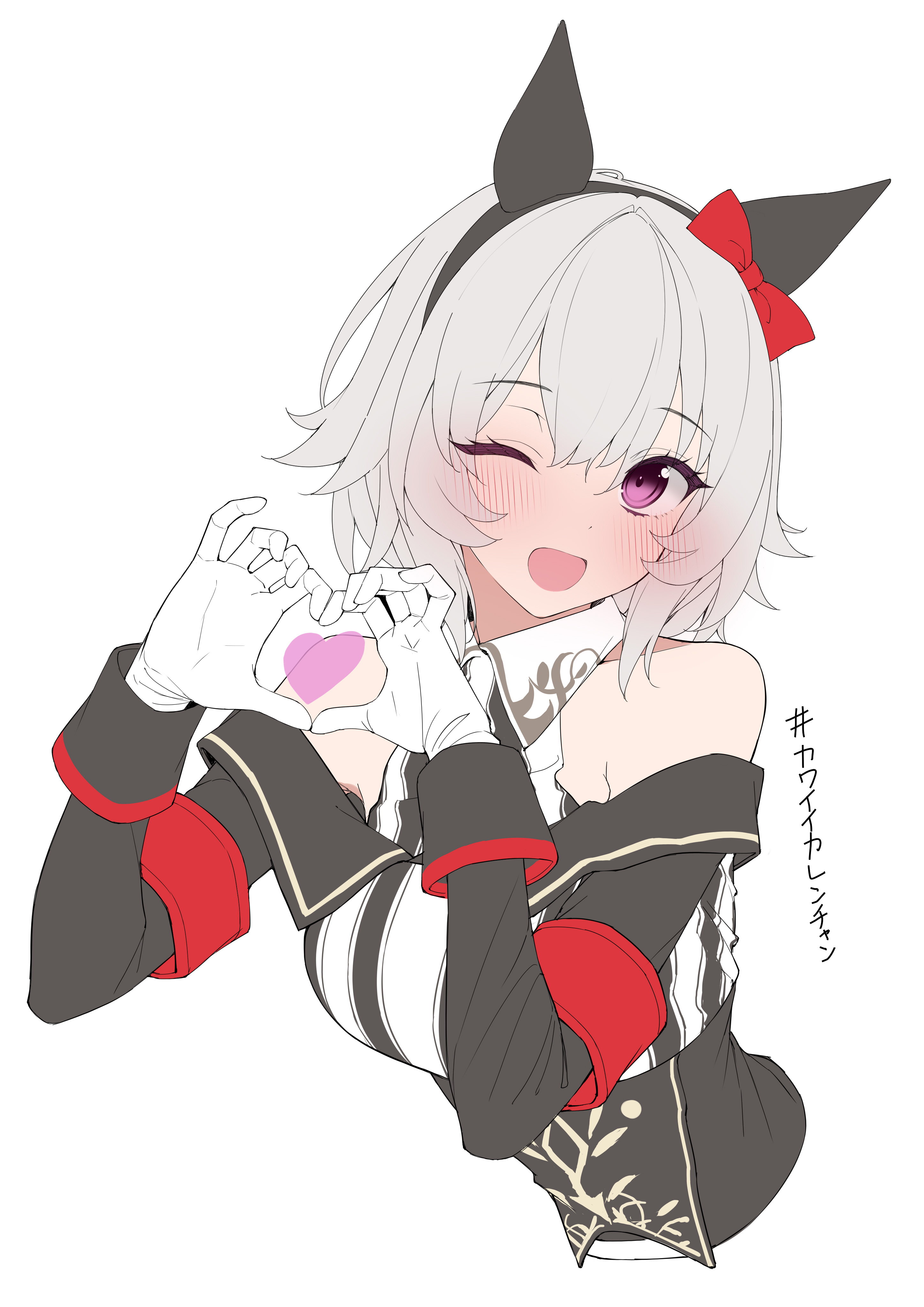 kawai ritsu (rits meg), curren chan (fille eclair) (umamusume), curren chan (umamusume), umamusume, absurdres, highres, 1girl, animal ears, bare shoulders, blush, bow, breasts, coat, dress, ear bow, ear covers, gloves, grey hair, horse ears, horse girl, long sleeves, looking at viewer, off-shoulder coat, off-shoulder dress, off-shoulder jacket, off shoulder, purple eyes, red bow, short hair, simple background, smile, solo, striped clothes, striped dress, vertical-striped clothes, vertical-striped dress, white gloves