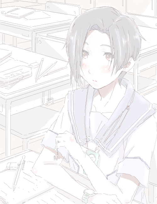 katakuri, kobayakawa rinko, love plus, bad id, bad pixiv id, 1girl, black hair, desk, earphones, female focus, mechanical pencil, mp3 player, oekaki, pencil, school uniform, serafuku, short hair, solo, watch, wristwatch