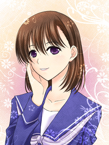 abe inori, anegasaki nene, love plus, bad id, bad pixiv id, 1girl, brown hair, female focus, mole, mole under eye, purple eyes, school uniform, serafuku, short hair, smile, solo