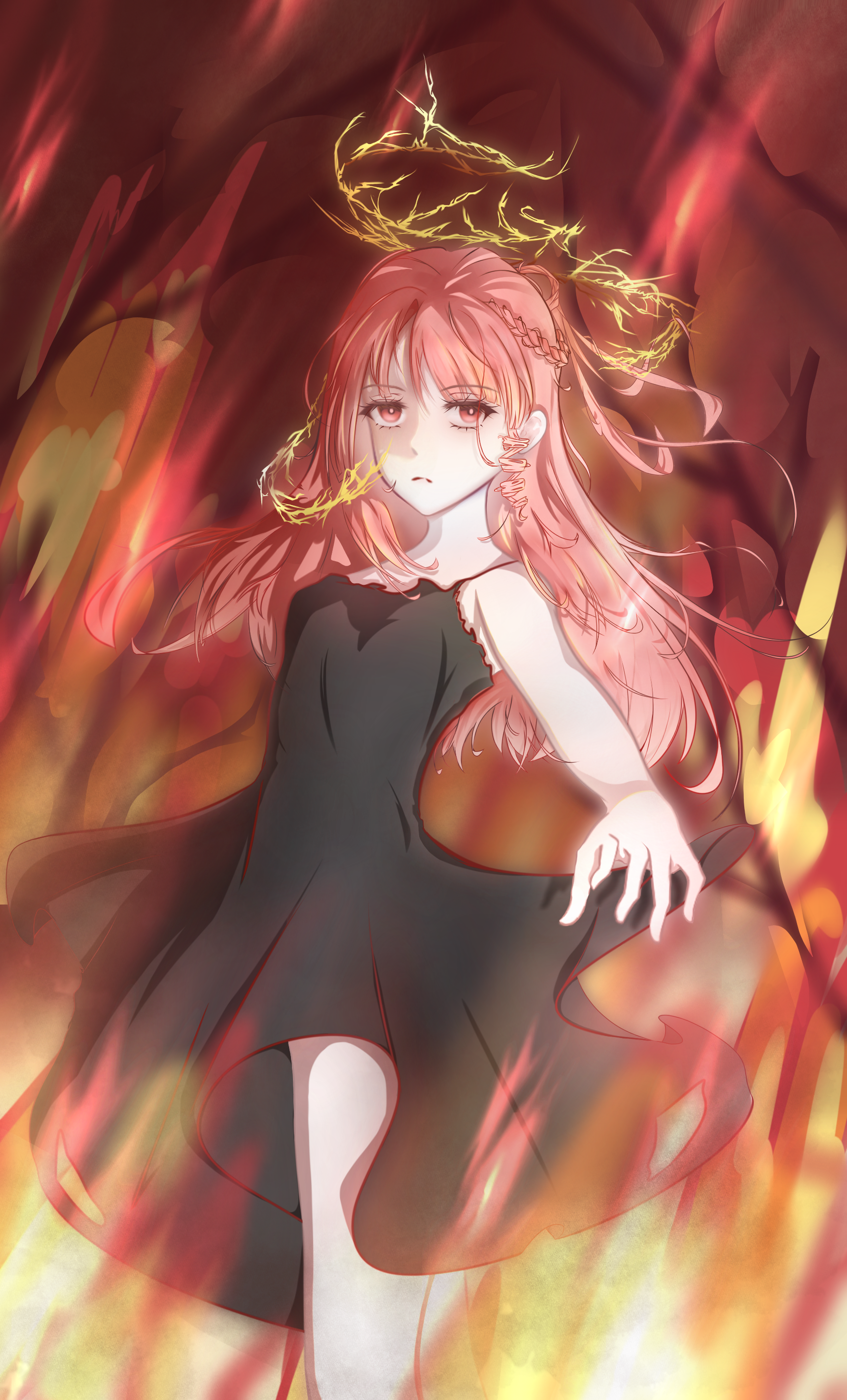 nikki (nikki), nikki (series), absurdres, highres, 1girl, bare arms, bare shoulders, black dress, braid, bright pupils, broken halo, cowboy shot, dress, expressionless, eyelashes, fiery background, fire, half up braid, halo, long hair, outstretched hand, parted lips, pink eyes, pink hair, ringlets, short dress, single braid, sleeveless, sleeveless dress, solo, spaghetti strap, standing, thighs, thorns, very long hair, white pupils, yanjiujun, yellow halo