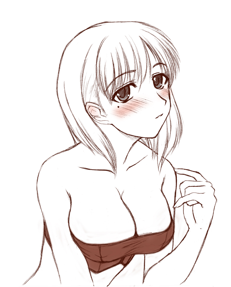 blodia (pixiv), mochizuki kazuto, anegasaki nene, love plus, 1girl, bare shoulders, blush, breasts, cleavage, female focus, large breasts, mole, mole under eye, monochrome, short hair, simple background, solo