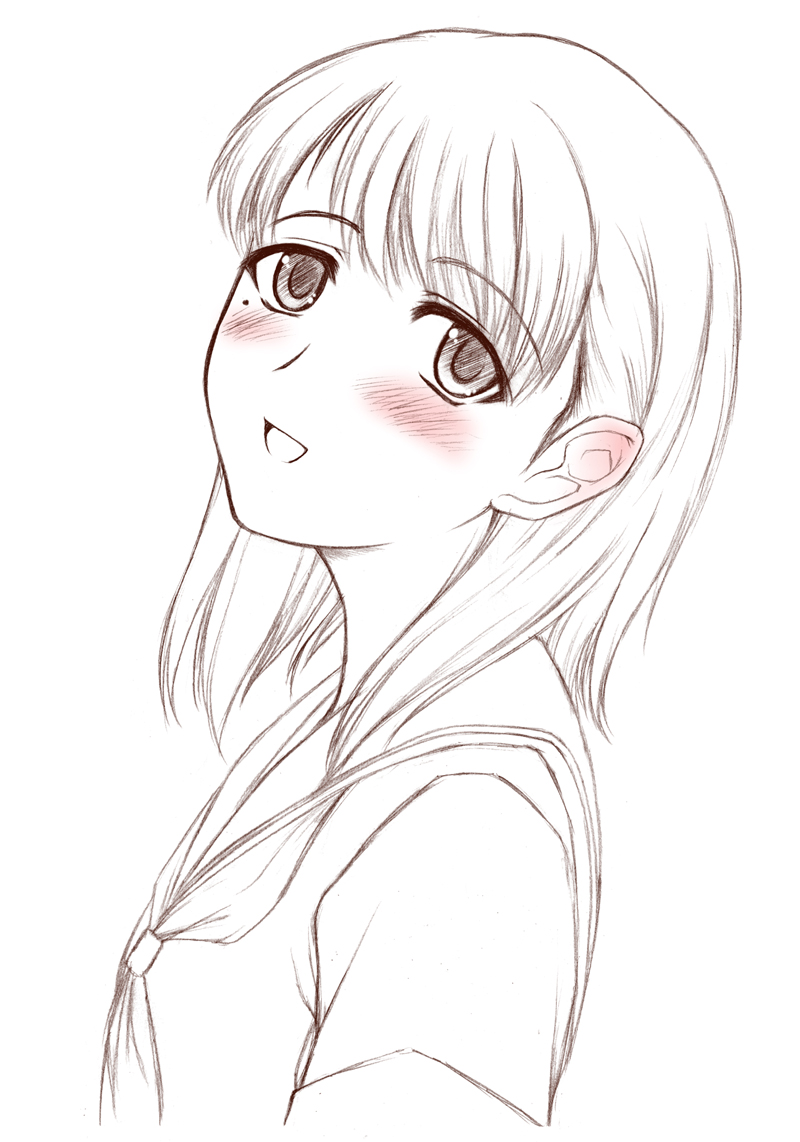 blodia (pixiv), mochizuki kazuto, anegasaki nene, love plus, 1girl, blush, female focus, mole, mole under eye, monochrome, school uniform, serafuku, short hair, simple background, solo