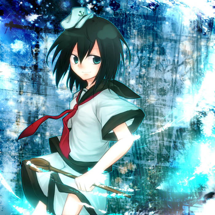 haruto28, murasa minamitsu, touhou, bad id, bad pixiv id, 1girl, black hair, female focus, ghost, green eyes, hat, hishaku, ladle, sailor, short hair, solo