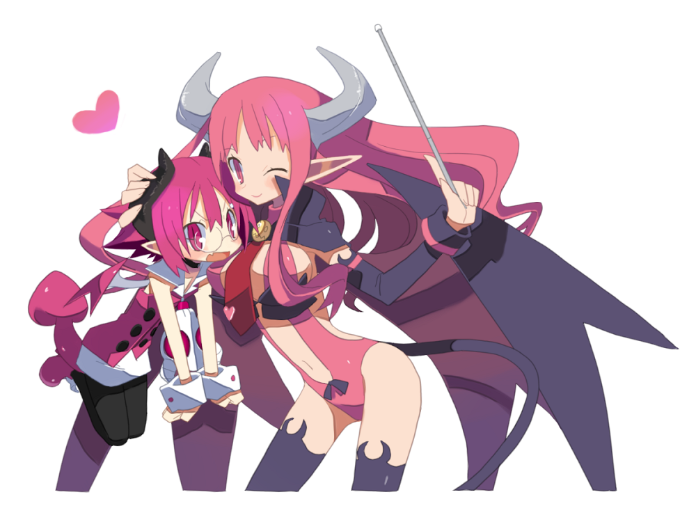 16 ban, raspberyl, succubus (disgaea), disgaea, makai senki disgaea 3, bad id, bad pixiv id, 2girls, breasts, demon, demon girl, demon tail, demon wings, fang, flat chest, glasses, hand on another's head, heart, holding detached head, horns, large breasts, multiple girls, necktie, one eye closed, oni, pantyhose, pink eyes, pink hair, pointer, pointy ears, tail, thighhighs, wings
