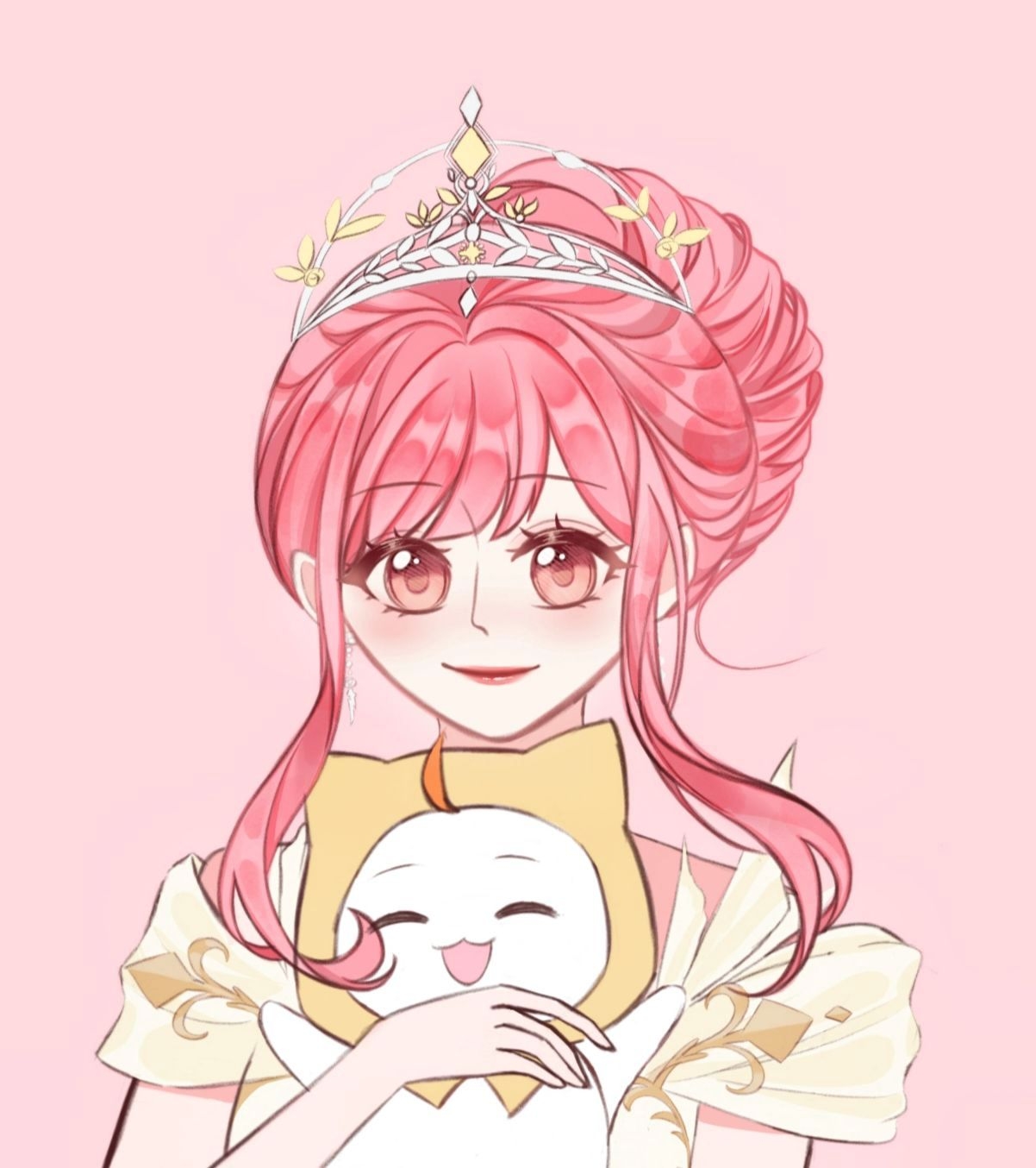 melody bloom (infinity nikki), momo (nikki), nikki (nikki), infinity nikki, nikki (series), chinese commentary, commentary request, highres, 1girl, ^ ^, ahoge, animal, arms up, bare arms, brown eyes, cat, cloak, closed eyes, closed mouth, clothed animal, dress, ear covers, eyelashes, feather-trimmed dress, hair bun, happy, holding, holding animal, holding cat, hood, hood up, hooded cloak, light blush, lipstick, looking at viewer, makeup, off-shoulder dress, off shoulder, open mouth, pink background, pink hair, pink lips, shanfengzhu, short hair with long locks, short sleeves, sidelocks, simple background, single hair bun, smile, solo, tiara, updo, upper body, wavy hair, white cat, white dress, yellow cloak