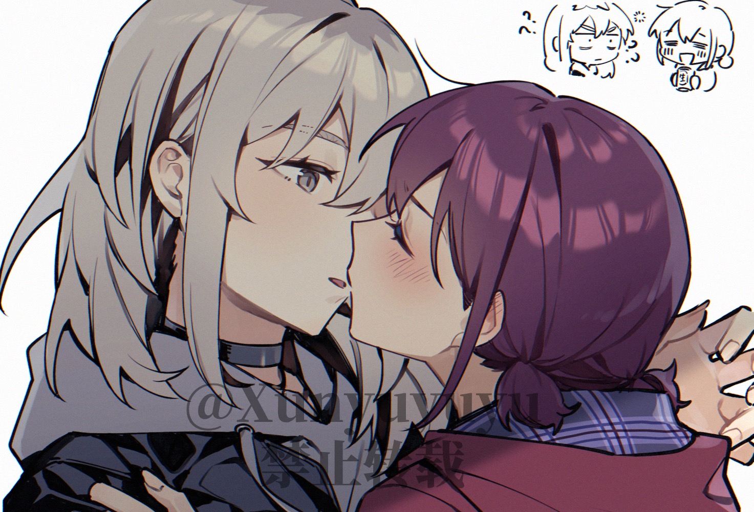 xunyu (manyu), iseri nina, kawaragi momoka, girls band cry, chinese commentary, commentary request, 2girls, black choker, blush, brown hair, choker, closed eyes, drunk, grey eyes, grey hoodie, hood, hood down, hoodie, imminent kiss, low twintails, multiple girls, open mouth, short hair, short twintails, simple background, twintails, upper body, white background, yuri