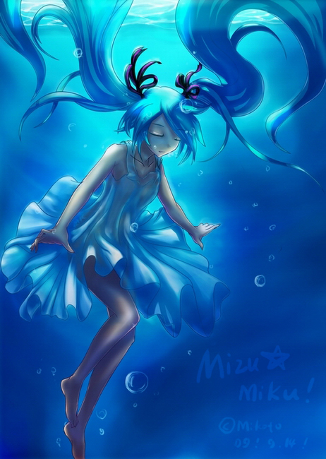 mikoto (mio), mikoto (pixiv881463), hatsune miku, vocaloid, bad id, bad pixiv id, duplicate, 1girl, barefoot, blue hair, closed eyes, feet, female focus, hair ribbon, legs, long hair, ribbon, see-through clothes, solo, twintails, underwater