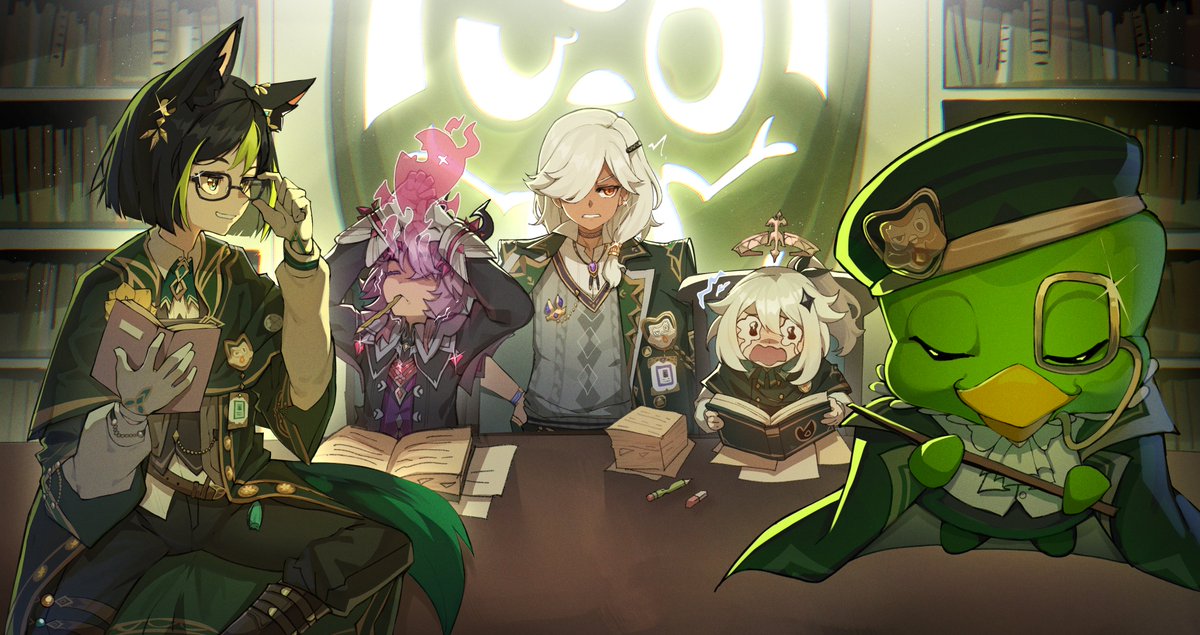 wokiiarts, cyno (genshin impact), duo (duolingo), mini durin (genshin impact), mini durin (human) (genshin impact), paimon (genshin impact), tighnari (genshin impact), duolingo, genshin impact, 1girl, 3boys, animal ear fluff, animal ears, bird, black gloves, black hair, closed mouth, cyno (duolingo) (genshin impact), dragon boy, dragon horns, fox boy, fox ears, fox tail, gloves, green eyes, green hair, hair between eyes, hair ornament, halo, horns, male focus, multicolored hair, multiple boys, open mouth, paimon (duolingo) (genshin impact), purple hair, short hair, streaked hair, tail, tighnari (duolingo) (genshin impact), white hair, wings