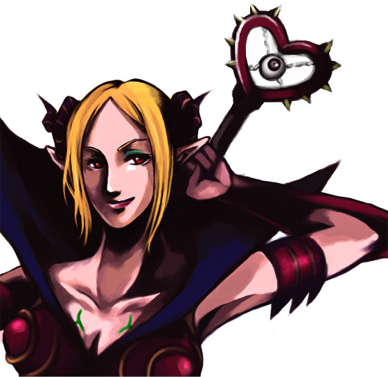alia (artist), shannon (god hand), capcom, god hand, blonde hair, demon girl, horns, pointy ears, red eyes, wand