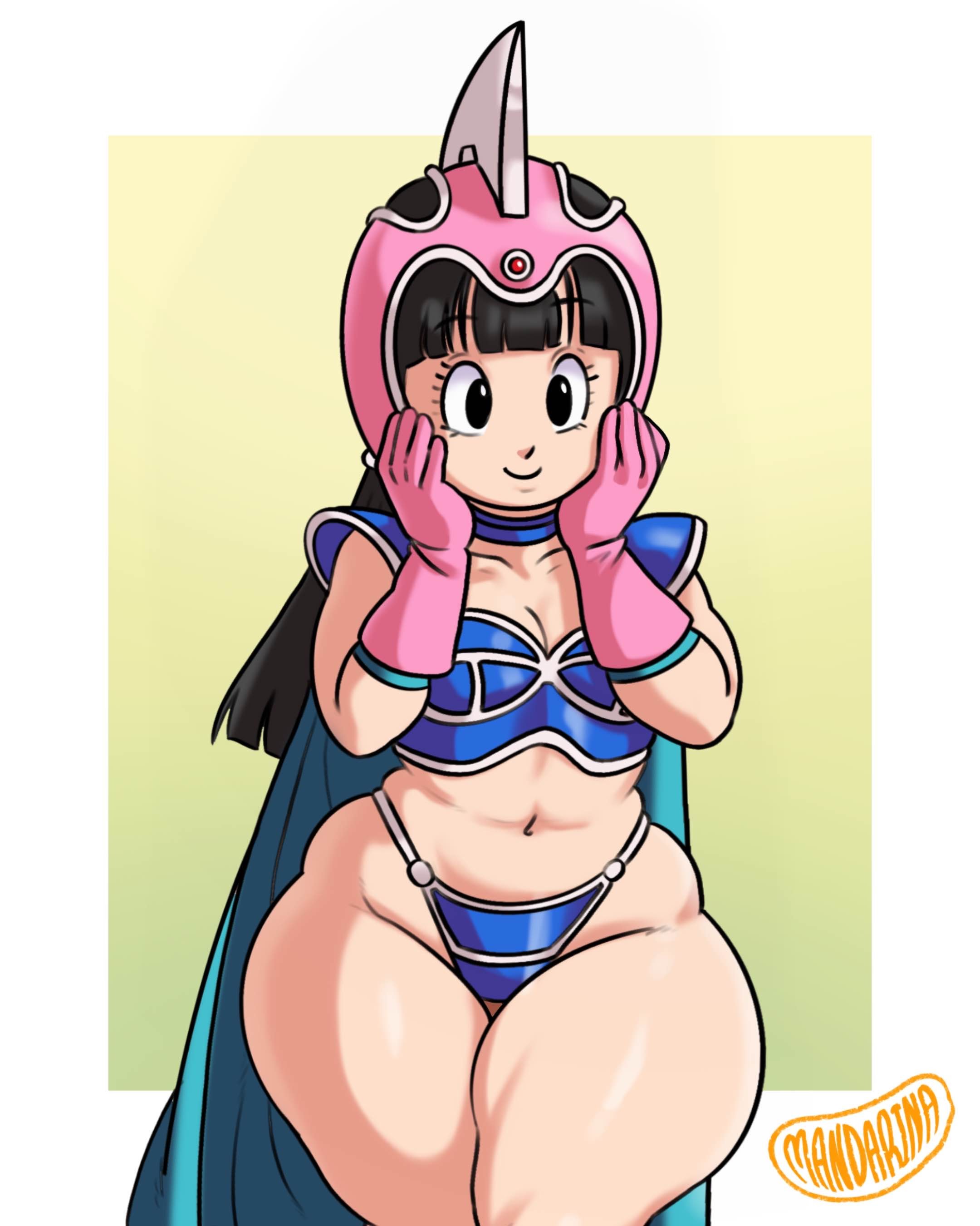 chi-chi (dragon ball), dragon ball, 1girl, armor, bikini armor, black eyes, black hair, cape, crop top, gloves, hands on own face, helmet, long hair, mandarina, smile, thick thighs, thighs, thong, wide hips