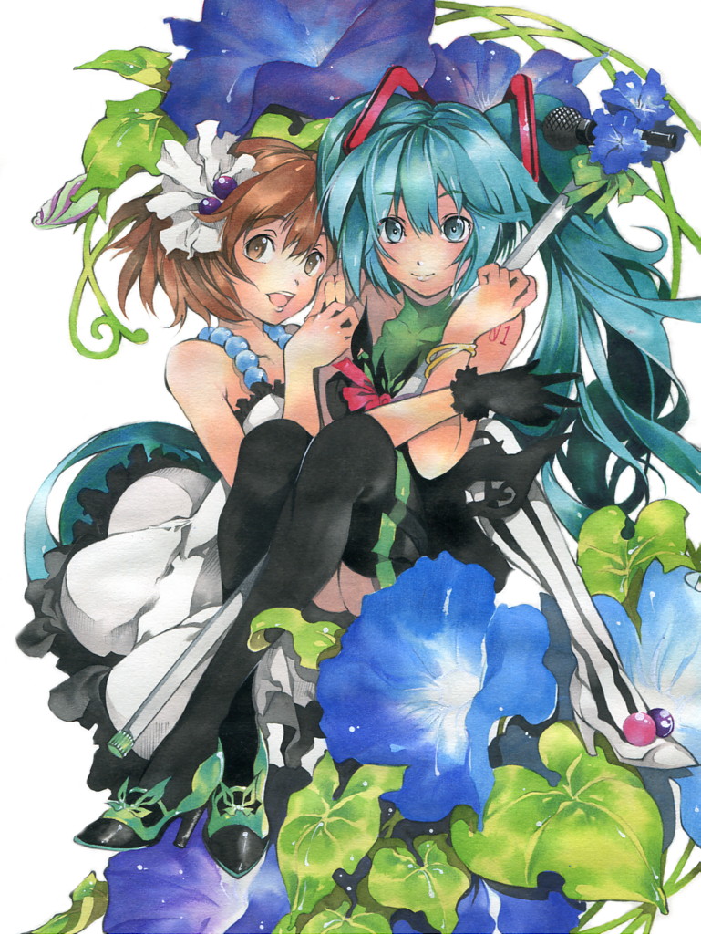 issun boushi, issun boushi (ilmtkimoti), hatsune miku, hirasawa yui, don't say "lazy", k-on!, vocaloid, black legwear, striped legwear, vertical-striped legwear, bad id, bad pixiv id, 00s, 2girls, aqua eyes, aqua hair, brown eyes, brown hair, crossover, flower, gloves, hair flower, hair ornament, long hair, microphone, microphone stand, morning glory, multiple girls, pantyhose, short hair, single glove, skirt, smile, striped clothes, striped pantyhose, thighhighs, twintails, vertical-striped clothes, vertical-striped pantyhose, zettai ryouiki