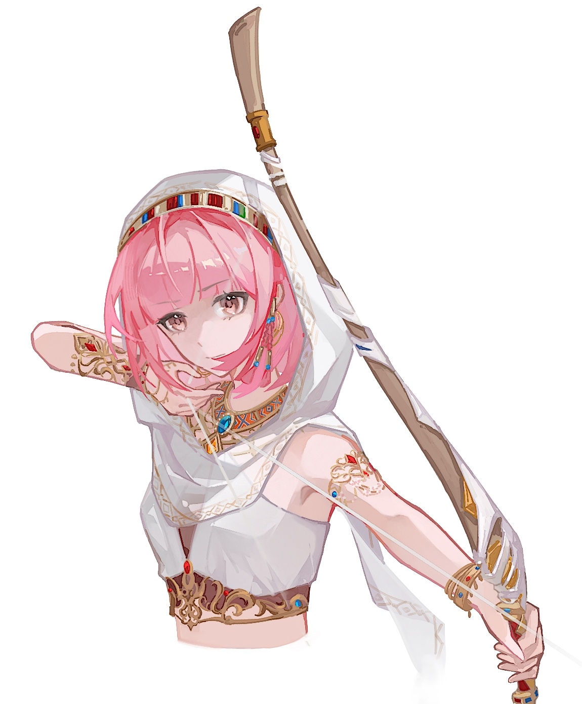 nikki (nikki), purifying wind (infinity nikki), infinity nikki, nikki (series), gold armlet, chinese commentary, commentary request, highres, 1girl, armlet, arrow (projectile), bare shoulders, beads, blue gemstone, blunt bangs, bow (weapon), bracelet, braid, brown eyes, cloak, closed mouth, crop top, cropped torso, dot nose, drawing bow, expressionless, eyelashes, fighting stance, gem, gold bracelet, gold necklace, hair beads, hair ornament, hair tubes, holding, holding arrow, holding bow (weapon), holding weapon, hood, hood up, hooded cloak, jewelry, loose hair strand, medium hair, mianmianbujuexiao01828, midriff, multiple bracelets, necklace, orange gemstone, pink hair, shirt, side braids, simple background, single bracelet, sleeveless, sleeveless shirt, solo, twin braids, weapon, white background, white cloak, white shirt