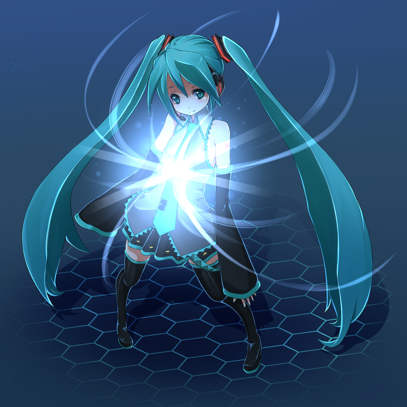 nacl, shokuen shiwe, hatsune miku, vocaloid, bad id, bad pixiv id, highres, 1girl, aqua eyes, aqua hair, detached sleeves, female focus, full body, headphones, headset, long hair, necktie, skirt, smile, solo, thighhighs, twintails, very long hair, zettai ryouiki