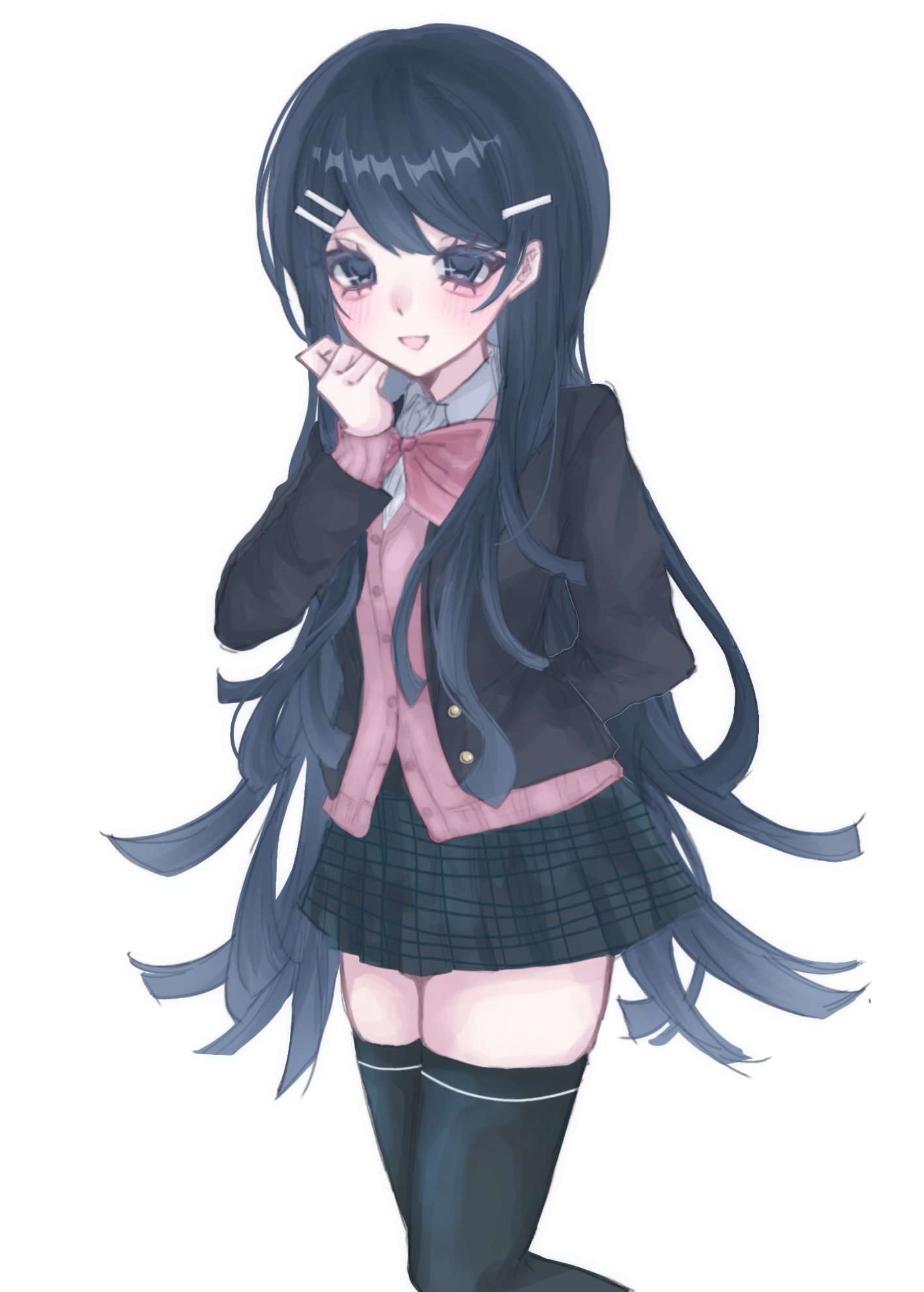 xiang gong, maizono sayaka, danganronpa: trigger happy havoc, danganronpa (series), highres, 1girl, :d, alternate costume, black jacket, black skirt, black thighhighs, bow, bowtie, collared shirt, grey shirt, hair ornament, hairclip, jacket, long hair, miniskirt, open clothes, open jacket, open mouth, pink bow, pink bowtie, plaid clothes, plaid skirt, shirt, simple background, skirt, smile, solo, thighhighs, white background, zettai ryouiki