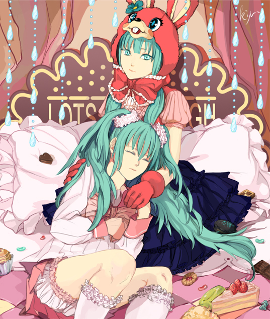 kilu, hatsune miku, hatsune miku (lollipop), lol -lots of laugh- (vocaloid), lots of laugh, vocaloid, bad id, bad pixiv id, animal ears, animal hat, aqua eyes, aqua hair, bloomers, bonnet, cake, candy, dual persona, food, gloves, hat, lap pillow, long hair, pastry, rabbit ears, skirt, sleeping, socks, twintails, underwear