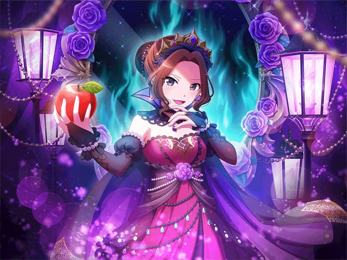 honami hisame, snow white's queen (fairy tale character), shoujo kageki revue starlight, shoujo kageki revue starlight -re live-, snow white (fairy tale), game cg, official art, 1girl, apple, blue eyes, bridal gauntlets, brown hair, cosplay, crown, dress, flower, food, forehead, fruit, hair bun, holding, holding food, holding fruit, lamppost, looking at viewer, open mouth, purple dress, purple flower, purple rose, rose, shade, sidelocks, snow white's queen (fairy tale character) (cosplay), solo, standing, upper body