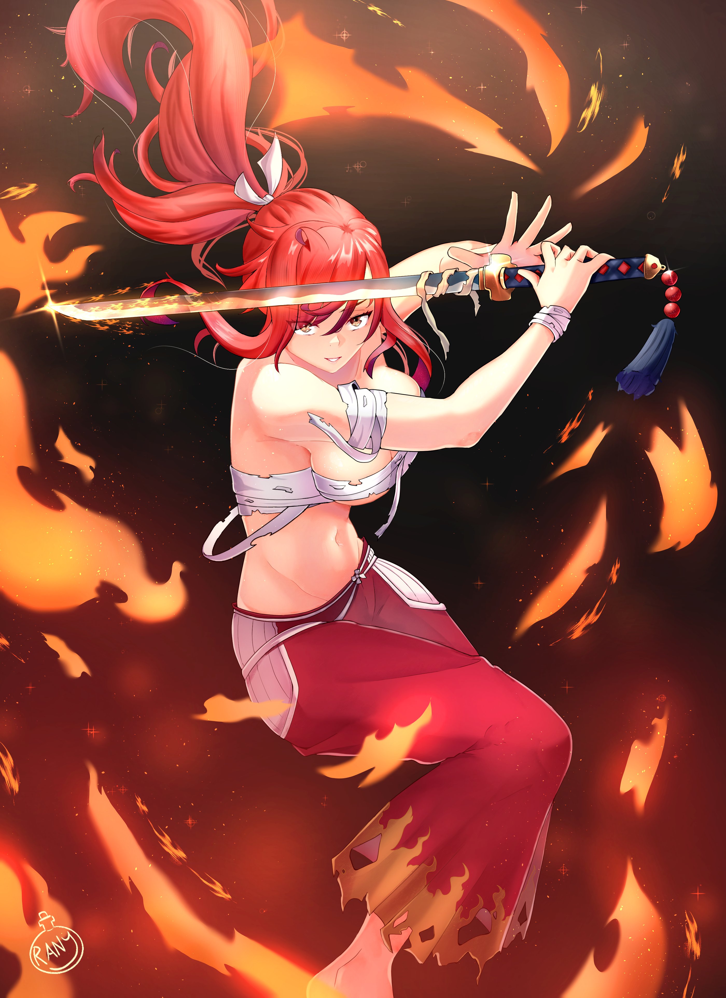 ranea, erza scarlet, fairy tail, absurdres, highres, 1girl, breasts, brown eyes, cleavage, fire, gradient background, groin, hair ribbon, holding, holding sword, holding weapon, katana, large breasts, long hair, looking at viewer, navel, pants, ponytail, red hair, red pants, ribbon, solo, stomach, sword, torn bandages, torn clothes, torn pants, weapon, white ribbon