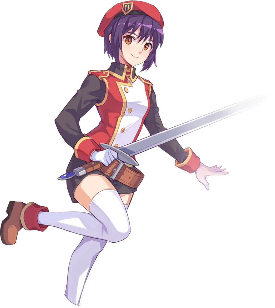 ispin charles, nexon, tales weaver, alpha transparency, artist request, official art, second-party source, 1girl, arched back, badge, belt, belt buckle, beret, black shirt, black shorts, black sleeves, black sweater, breasts, brown belt, brown eyes, brown shoes, buckle, buttons, closed mouth, collared shirt, gloves, gold buttons, hat, holding, holding sword, holding weapon, jacket, large belt, leg up, long sleeves, looking at viewer, loose belt, medium breasts, military hat, military jacket, military uniform, multicolored jacket, narrow waist, open hands, plain epaulettes, purple hair, red hat, red jacket, shirt, shoes, short hair, shorts, simple background, skinny, sleeve cuffs, sleeveless, sleeveless jacket, smile, solo, sweater, sword, thighhighs, transparent background, two-tone jacket, undershirt, weapon, white gloves, white jacket, white thighhighs, wing collar, yellow trim