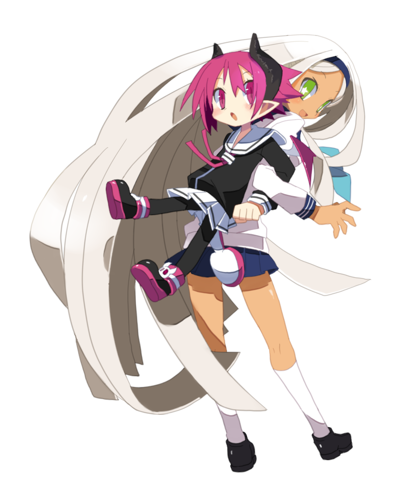 16 ban, raspberyl, sapphire rhodonite, disgaea, makai senki disgaea 3, bad id, bad pixiv id, 2girls, :o, back-to-back, cardigan, exercising, green eyes, hairband, height difference, horns, lifting person, locked arms, long hair, multiple girls, pantyhose, pink eyes, pink hair, pointy ears, sailor collar, school uniform, serafuku, short hair, skirt, slit pupils, star (symbol), stretching, symbol in eye, tail, very long hair, white hair, white sailor collar