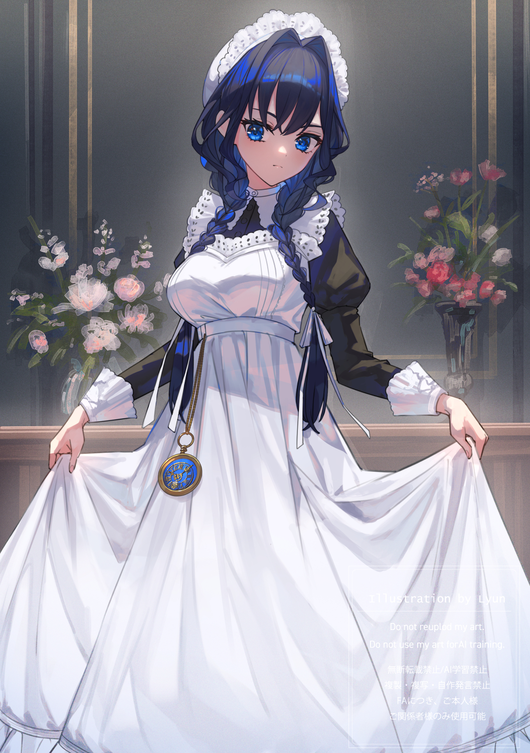 xyunx, ouro kronii, ouro kronii (maid), hololive, hololive english, commentary, highres, 1girl, apron, black dress, blue eyes, blue hair, braid, breasts, closed mouth, colored inner hair, dress, expressionless, fanged bangs, flower, frilled apron, frilled hat, frills, hair intakes, hair over shoulder, hat, indoors, juliet sleeves, large breasts, long dress, long hair, long sleeves, looking at viewer, low twin braids, maid, maid apron, mob cap, multicolored hair, official alternate costume, official alternate hairstyle, puffy sleeves, puritan collar, skirt hold, solo, twin braids, victorian maid, virtual youtuber, white apron, white hat