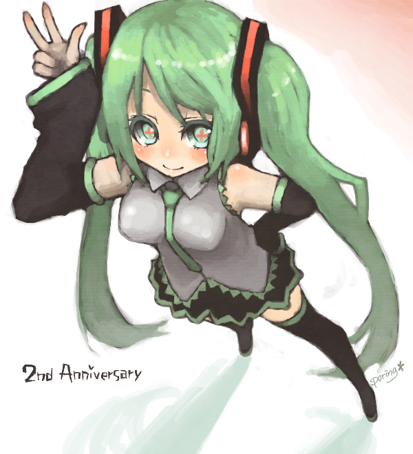 miyamae porin, hatsune miku, vocaloid, bad id, bad pixiv id, + +, 1girl, detached sleeves, female focus, from above, full body, gradient background, green eyes, green hair, headphones, long hair, matching hair/eyes, necktie, skirt, smile, solo, thighhighs, twintails, v, very long hair, white background, zettai ryouiki