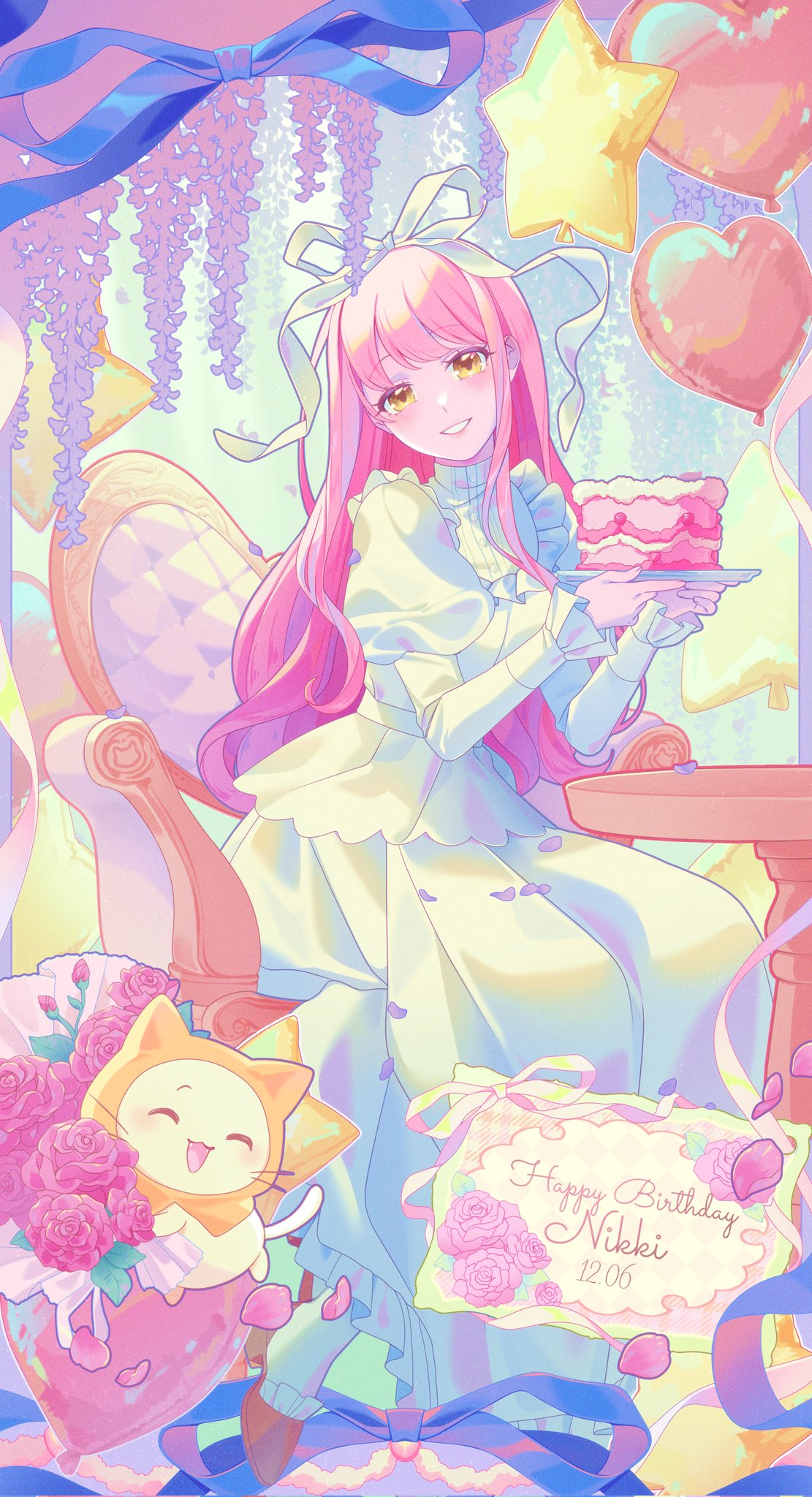 momo (nikki), nikki (nikki), nikki (series), shining nikki, commentary, hashtag-only commentary, highres, 1girl, ^ ^, animal, armchair, balloon, bib collar, birthday, birthday card, blue sky, bouquet, buttons, cat, chair, character name, cloak, closed eyes, clothed animal, dated, day, dot nose, dress, ear covers, english text, eyelashes, flower, frilled dress, frilled footwear, frilled sleeves, frills, full body, gown, grin, hair ribbon, happy birthday, head tilt, heart balloon, high heels, hood, hood up, hooded cloak, juliet sleeves, large ribbon, light blush, lips, long dress, long hair, long sidelocks, long sleeves, looking at viewer, on chair, outdoors, petals, pink flower, pink hair, pink lips, pink rose, pleated dress, puffy sleeves, purple flower, red shoes, reean, ribbon, rose, rose petals, shoes, sidelocks, sitting, sky, sleeves past wrists, smile, socks, star balloon, table, turtleneck, turtleneck dress, very long hair, whiskers, white cat, white dress, white ribbon, white socks, wisteria, yellow cloak, yellow eyes