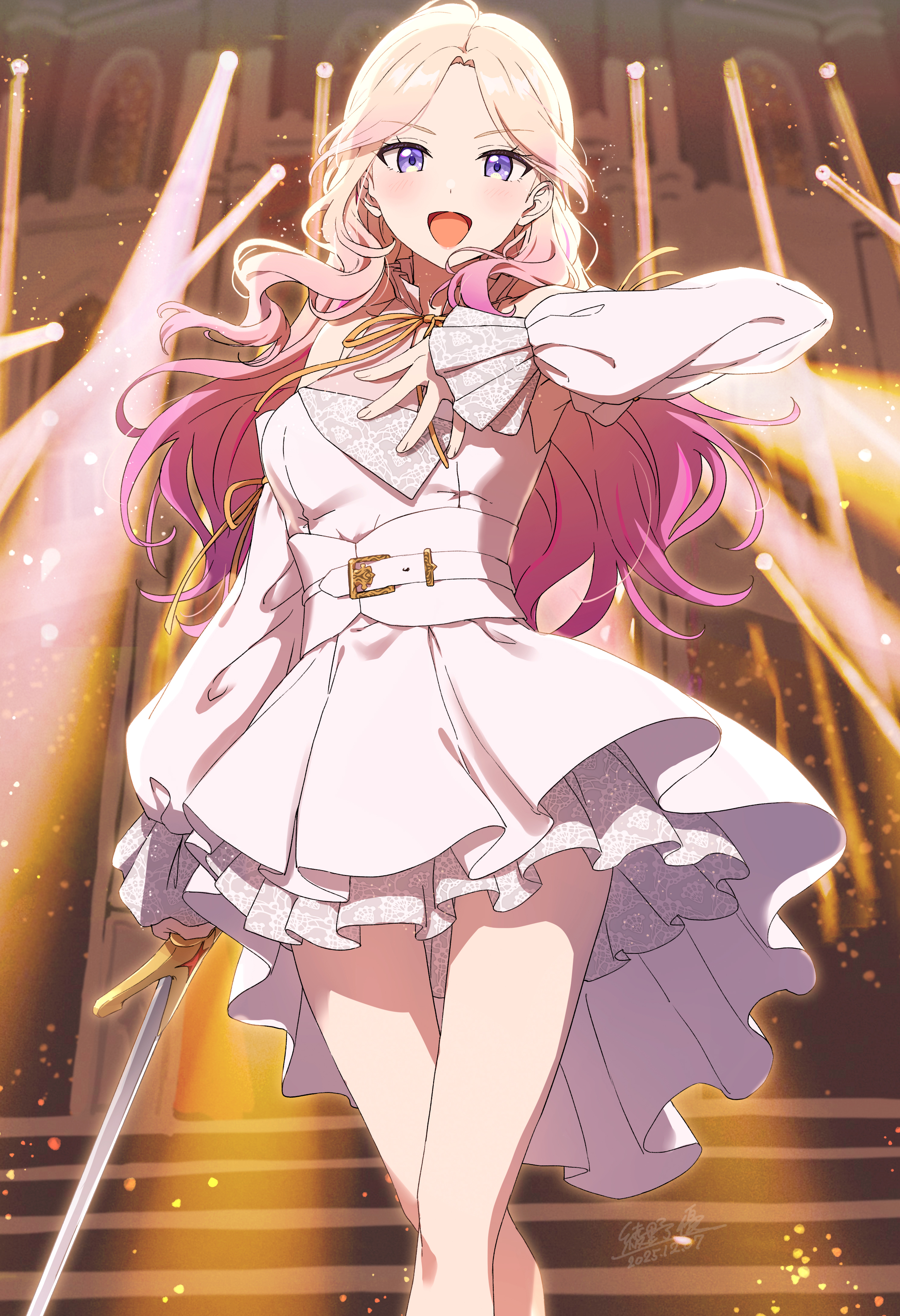 ayano yuu (sonma 1426), juo sena, gakuen idolmaster, idolmaster, absurdres, commentary request, highres, 1girl, blonde hair, blush, dated, dress, gradient hair, holding, holding sword, holding weapon, long hair, long sleeves, looking at viewer, multicolored hair, official alternate costume, open mouth, pink hair, purple eyes, signature, smile, solo, stage lights, sword, tiny ambition (idolmaster), two-tone hair, weapon, white dress