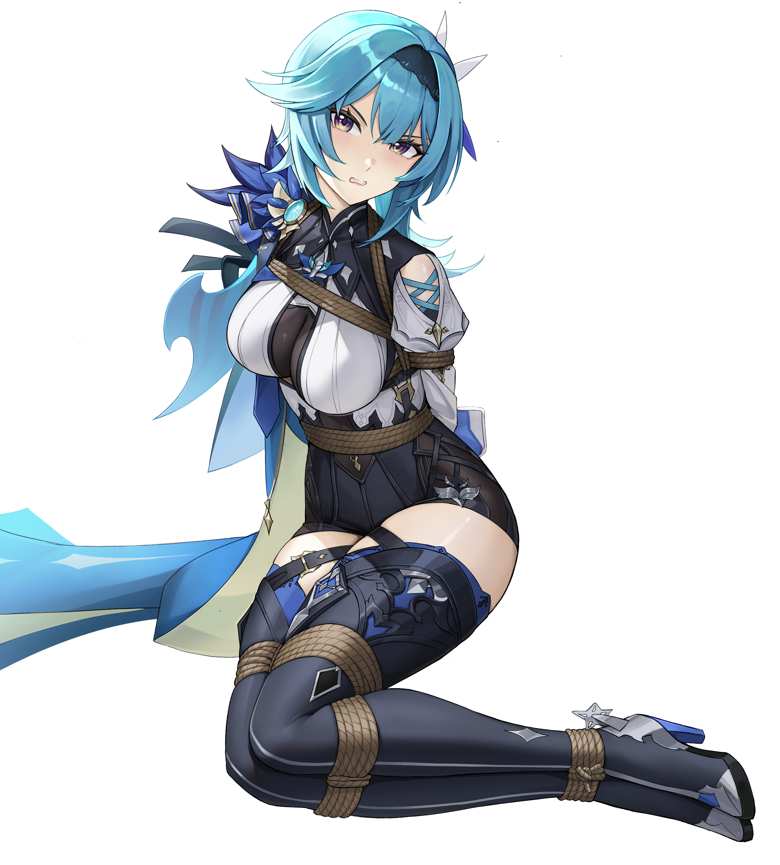 iqbqlz, eula (genshin impact), genshin impact, absurdres, highres, 1girl, black boots, black hairband, blue eyes, blue hair, boots, bound, breasts, clenched teeth, clothing cutout, hairband, high-waist shorts, high heel boots, high heels, large breasts, looking at viewer, purple eyes, shirt, shorts, shoulder cutout, simple background, sitting, solo, teeth, thigh boots, tied up (nonsexual), vision (genshin impact), white background, white shirt, yellow eyes, yokozuwari