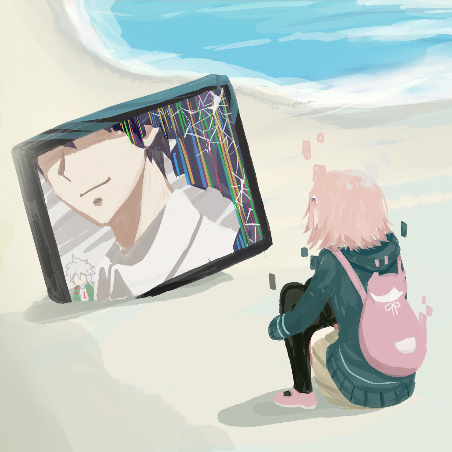 kmnm 1403, hinata hajime, komaeda nagito, nanami chiaki, danganronpa (series), danganronpa 2: goodbye despair, highres, 1girl, animal bag, beach, black thighhighs, brown hair, cat bag, closed mouth, glitch, green jacket, jacket, long sleeves, medium hair, ocean, pink bag, pink shoes, shoes, sitting, spiked hair, television, thighhighs