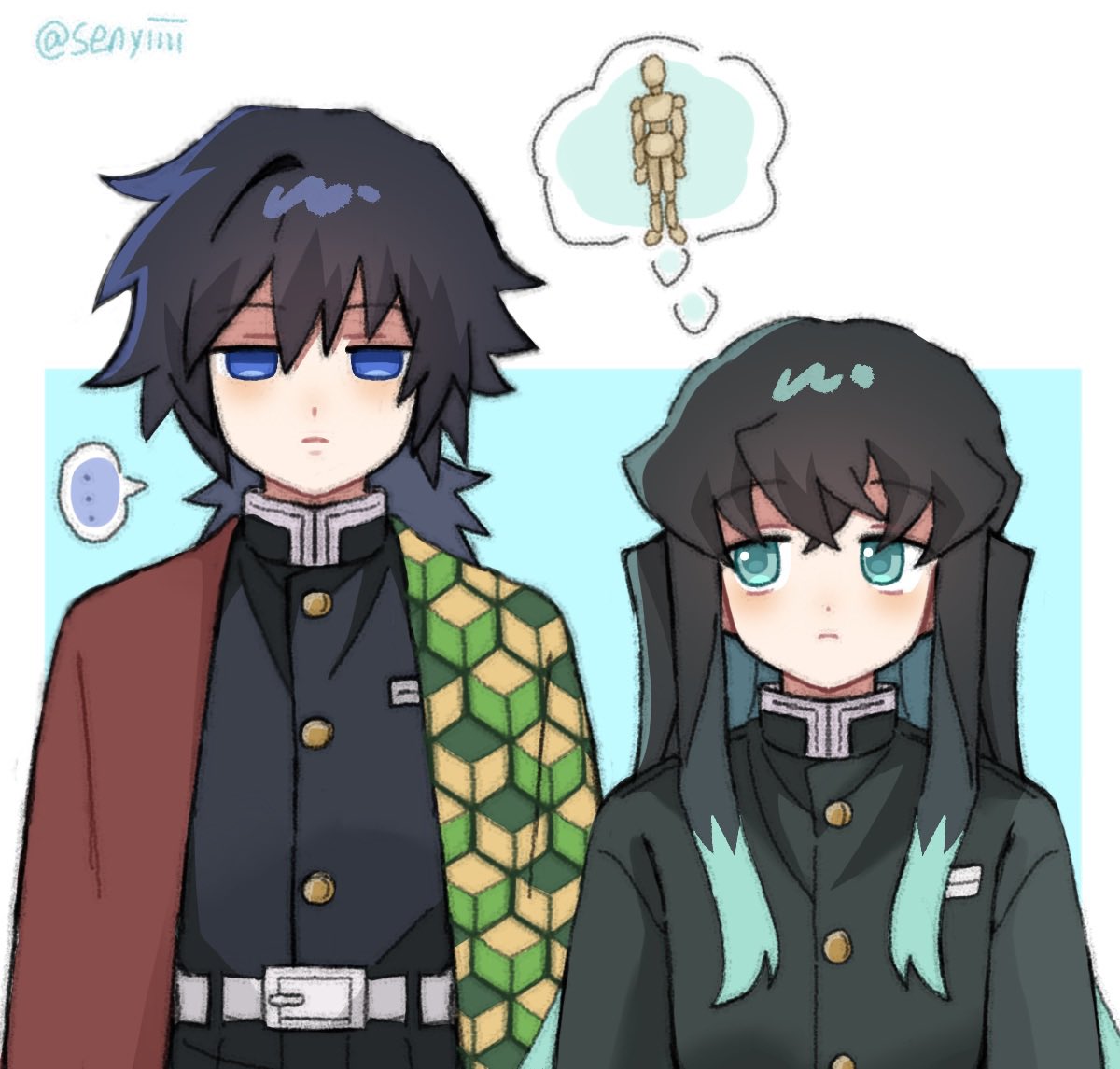 senyiiii, tokitou muichirou, tomioka giyuu, kimetsu no yaiba, …, 2boys, belt, black hair, black jacket, blue eyes, demon slayer uniform, green eyes, green hair, jacket, long hair, long sleeves, multicolored hair, multiple boys, sideways glance, speech bubble, thought bubble, two-tone hair, white belt