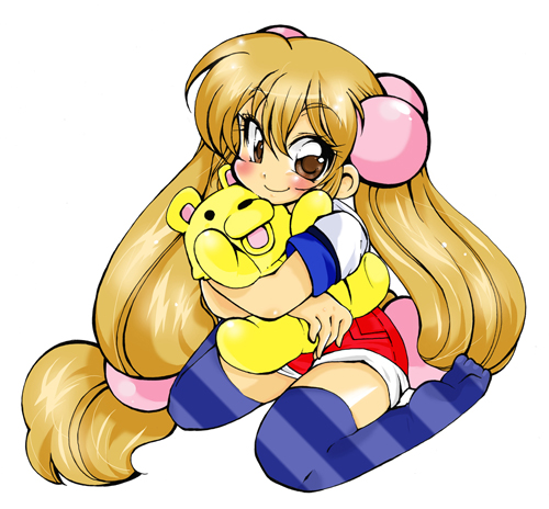 suzusato rinka, kokonoe rin, kodomo no jikan, lowres, 00s, bear, blonde hair, child, hair bobbles, hair ornament, long hair, solo, striped clothes, striped thighhighs, stuffed toy, thighhighs, very long hair