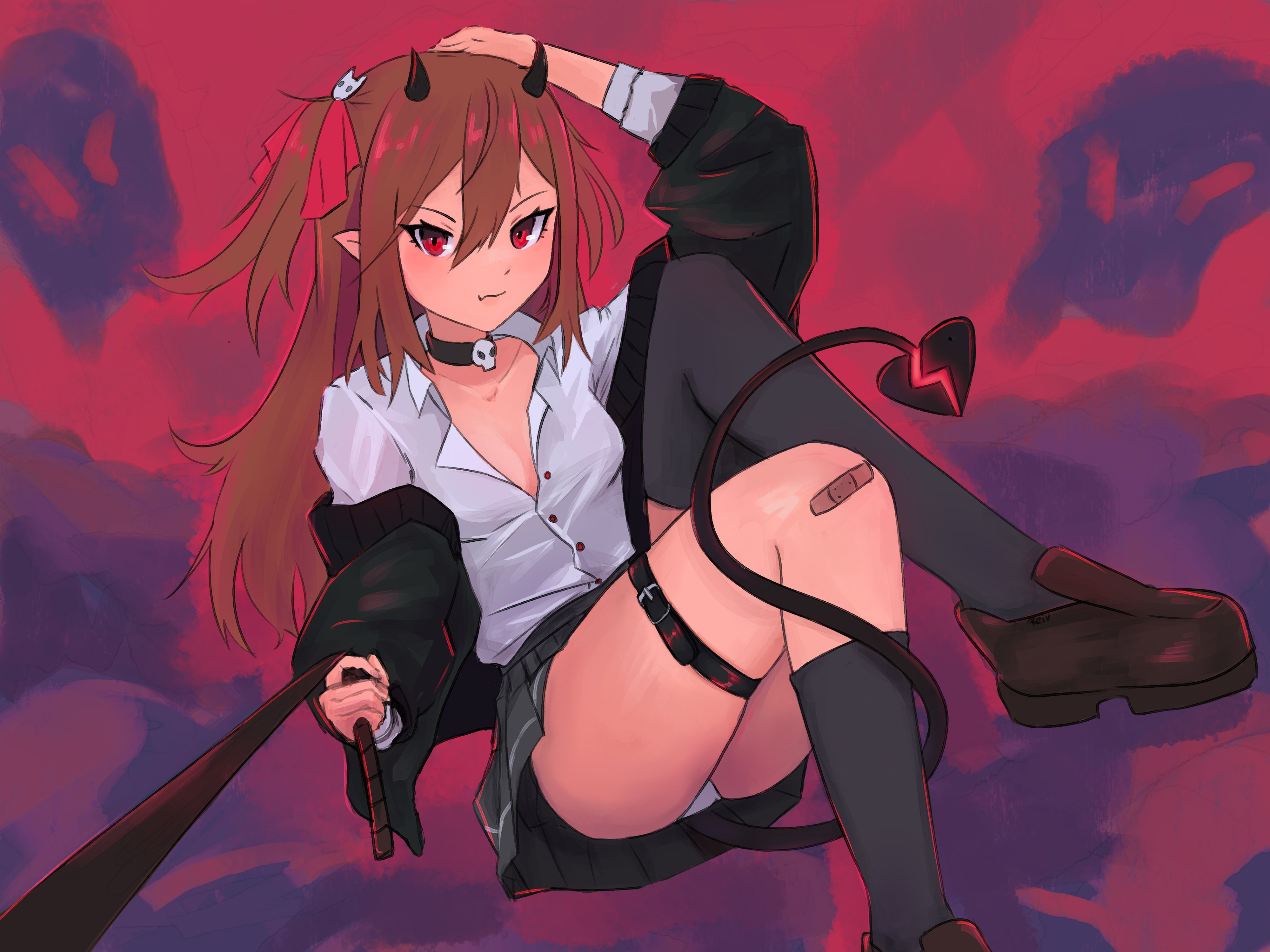 evil neuro-sama, neuro-sama, absurdres, highres, 1girl, asymmetrical legwear, bandaid, bandaid on knee, bandaid on leg, belt, black cardigan, black choker, black skirt, black thighhighs, blush, breasts, brown hair, brown shoes, cardigan, choker, cleavage, collarbone, collared shirt, demon horns, demon tail, double-parted bangs, fang, full body, hair between eyes, hair ribbon, hand on own head, heart, heart tail, holding, holding rope, horns, knees up, leash, loafers, long hair, long sleeves, looking at viewer, miniskirt, off shoulder, open cardigan, open clothes, panties, pantyshot, partially unbuttoned, pleated skirt, pointy ears, pov, red background, red eyes, red ribbon, reivooon, ribbon, rope, shirt, shirt tucked in, shoes, sitting, skin fang, skirt, skull choker, skull print, tail, thigh belt, thigh strap, thighhighs, two side up, underwear, v-shaped eyebrows, vedal ai, viewer on leash, white panties, white shirt