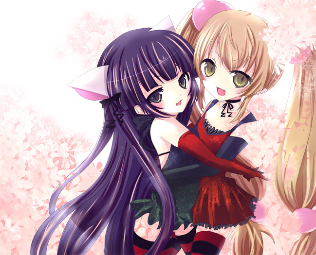 eema, kagami kuro, kokonoe rin, kodomo no jikan, striped legwear, 00s, 2girls, animal ears, cat ears, child, fang, hair bobbles, hair ornament, hug, long hair, multiple girls, sphere hair ornament, striped clothes, striped thighhighs, thighhighs