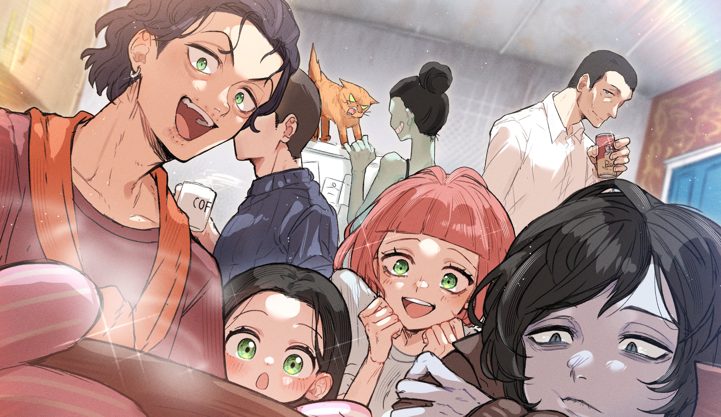 bar guy (no i'm not a human), cashier girl (no i'm not a human), cat lady (no i'm not a human), coat guy (no i'm not a human), little girl (no i'm not a human), protagonist (no i'm not a human), wireface (no i'm not a human), no i'm not a human, highres, 3girls, 4boys, :o, :p, black eyes, black hair, black shirt, blue shirt, blunt bangs, bowl, brown coat, can, cat, closed mouth, coat, collared shirt, cup, earrings, faceless, faceless male, green eyes, hair bun, holding, holding bowl, holding can, holding cup, indoors, jacket, jacket around neck, jewelry, looking at food, medium hair, multiple boys, multiple girls, nekowaka smore, open mouth, orange cat, orange jacket, oven mitts, pale skin, parted bangs, red hair, red shirt, refrigerator, shirt, short hair, single earring, smile, stitched mouth, stitches, tank top, tongue, tongue out, turtleneck, turtleneck shirt, white shirt