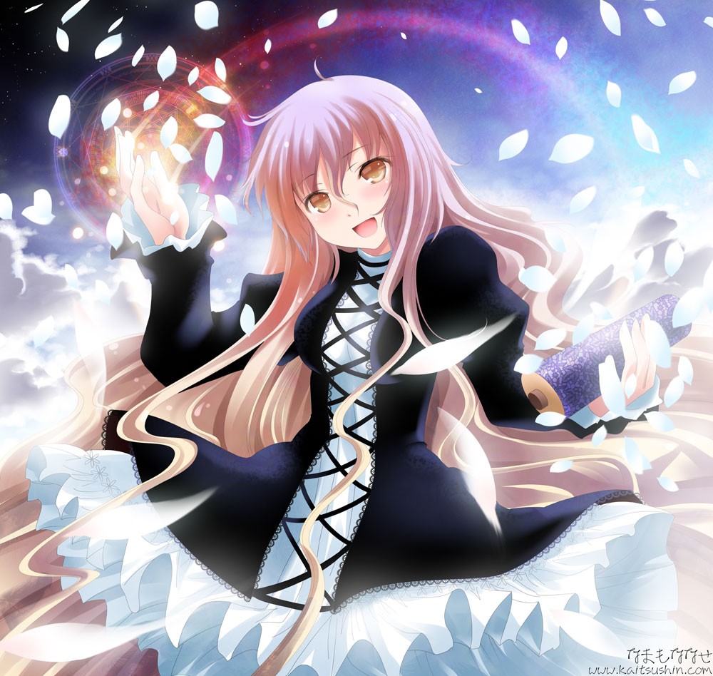 namamo nanase, hijiri byakuren, touhou, 1girl, breasts, cape, dress, female focus, gothic lolita, gradient background, gradient hair, lolita fashion, long hair, multicolored hair, petals, solo, yellow eyes