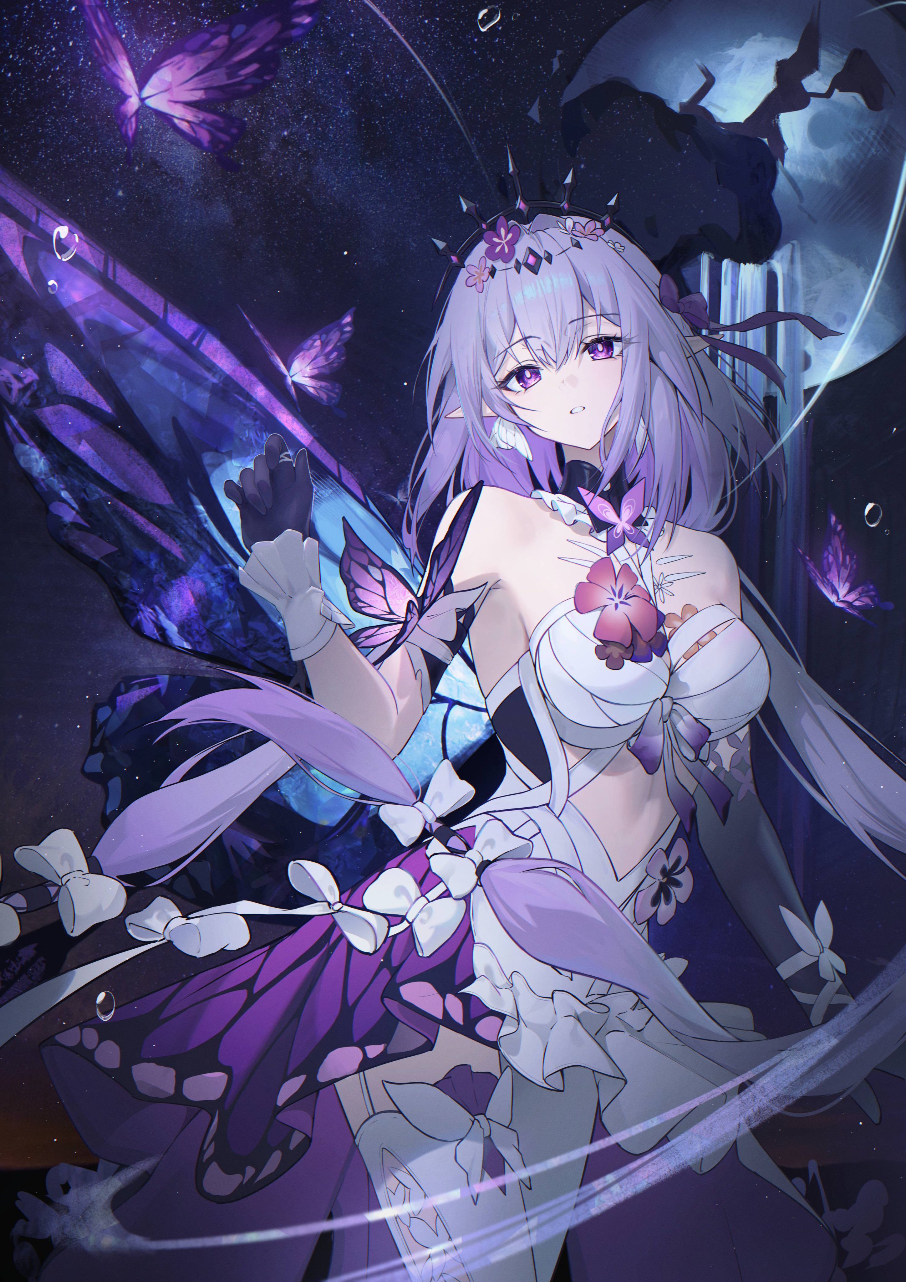 sasa (sasa ekakiman), castorice (honkai: star rail), honkai: star rail, honkai (series), absurdres, highres, 1girl, asymmetrical gloves, asymmetrical legwear, bare shoulders, black tiara, bow, breasts, bright pupils, bug, butterfly, dress, elbow gloves, flower, garter straps, gloves, hair bow, hand up, insect, large breasts, legwear cutout, long hair, pantyhose, parted lips, purple butterfly, purple eyes, purple flower, purple gloves, purple hair, single garter strap, standing, stomach, thighhighs, tiara, uneven gloves, uneven legwear, very long hair, white bow, white dress, white garter straps, white pantyhose, white pupils, white thighhighs