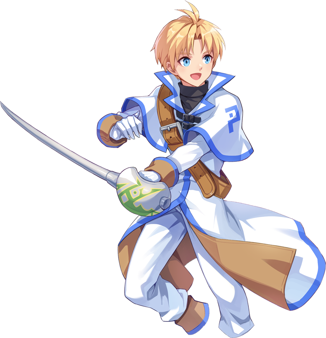 lucian kaltz, nexon, tales weaver, artist request, official art, second-party source, 1boy, antenna hair, belt, black shirt, blonde hair, blue eyes, brown belt, capelet, capelet belt, coat, collared capelet, curtained hair, dress pants, gloves, holding, holding sword, holding weapon, large belt, left-handed, long sleeves, male focus, open mouth, pants, parted bangs, saber (weapon), shirt, short hair, shoulder belt, sleeve cuffs, smile, solo, sword, transparent background, turtleneck, turtleneck shirt, two-sided coat, two-sided fabric, undershirt, weapon, white capelet, white coat, white gloves, white pants, white sleeves, wing collar