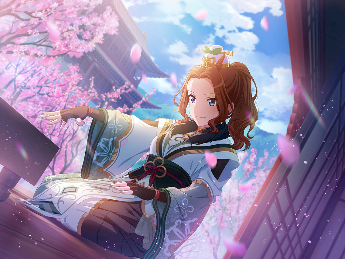 guan yu, honami hisame, romance of the three kingdoms, shoujo kageki revue starlight, shoujo kageki revue starlight -re live-, game cg, official art, 1girl, architecture, blue eyes, board game, brown hair, cherry blossoms, chinese clothes, closed mouth, cosplay, dutch angle, east asian architecture, forehead, from below, guan yu (cosplay), hat, long sleeves, ponytail, seiza, sidelocks, sitting, smile, solo, tatami, upper body, wavy hair, white hat, wide sleeves
