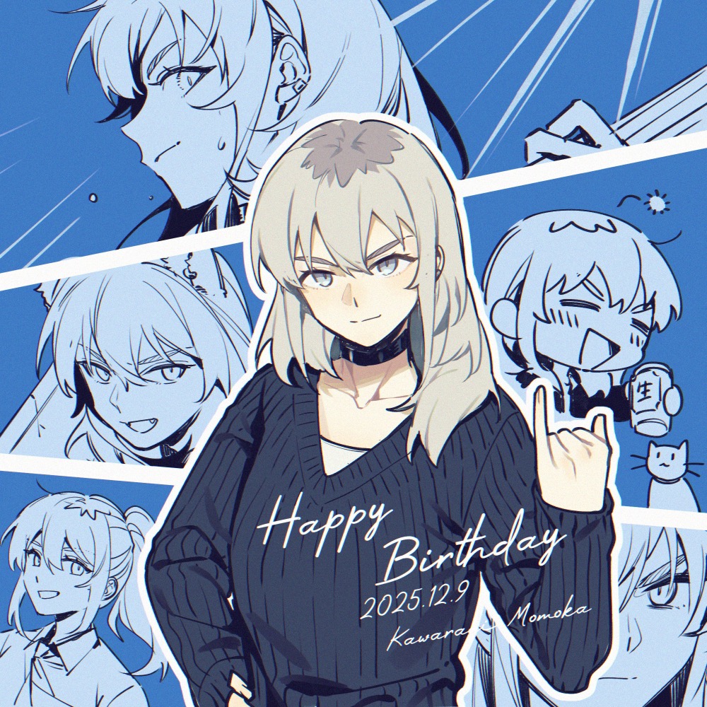 xunyu (manyu), kawaragi momoka, girls band cry, girls band cry rpg, chinese commentary, commentary request, 1girl, = =, beer can, black choker, black sweater, can, cat, character name, choker, dated, drink can, ear piercing, fang, grey hair, hand on own hip, happy birthday, holding, holding can, long hair, multicolored hair, open mouth, piercing, pinky out, roots (hair), sweatdrop, sweater, white background