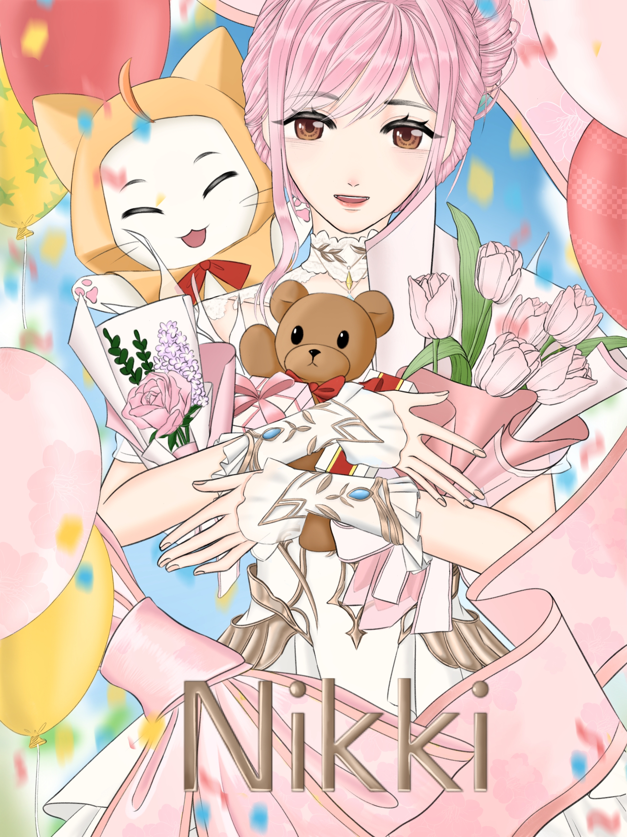melody bloom (infinity nikki), momo (nikki), nikki (nikki), infinity nikki, nikki (series), absurdres, highres, 1girl, ^ ^, animal, animal on shoulder, anime coloring, balloon, banner, birthday, blue sky, bouquet, bow, bowtie, brown eyes, cat, character name, chuangjian wenjian jia, cloak, closed eyes, clothed animal, cloud, collar, confetti, cowboy shot, day, detached collar, dress, ear covers, eyelashes, fingernails, flower, frilled arm warmers, gift, hair bun, happy, holding, holding bouquet, holding gift, hood, hood up, hooded cloak, lace collar, lavender (flower), lipstick, looking at viewer, makeup, nostrils, off-shoulder dress, off shoulder, open mouth, outdoors, pawpads, pink flower, pink hair, pink lips, pleated dress, purple flower, red bow, red bowtie, short hair with long locks, short sleeves, sidelocks, single hair bun, sky, smile, stuffed animal, stuffed toy, swept bangs, teddy bear, teeth, tulip, updo, upper teeth only, white arm warmers, white cat, white collar, white dress, yellow cloak