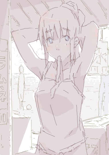 katakuri, original, 1girl, armpits, arms up, blue eyes, casual, female focus, hair ribbon, hairdressing, monochrome, mouth hold, oekaki, ribbon, solo, spot color