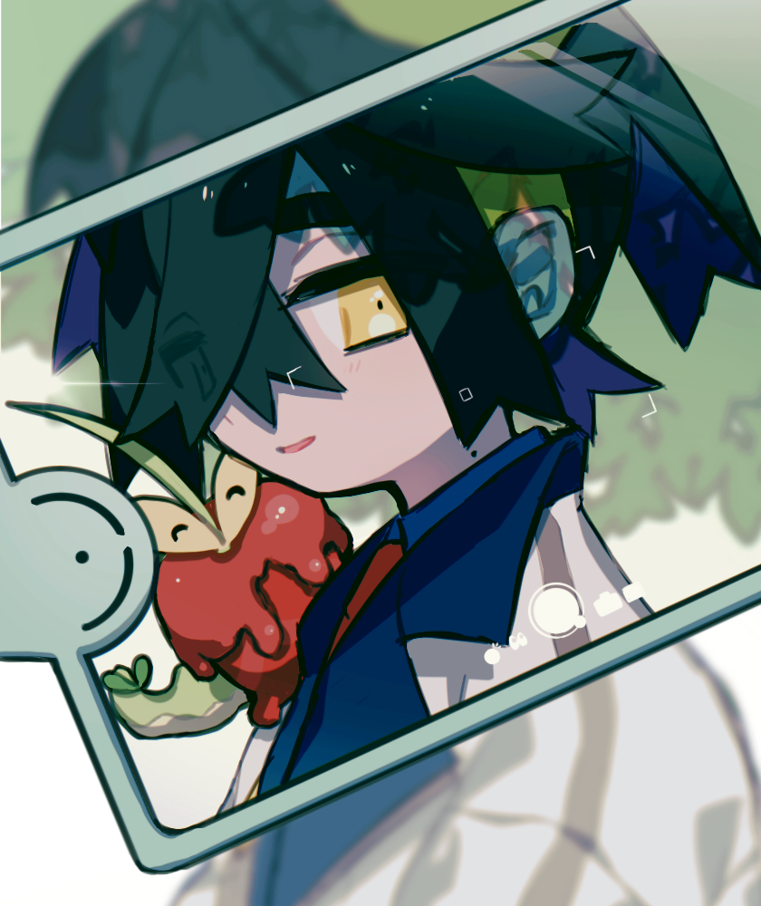 miaivz, dipplin, kieran (pokemon), rotom, rotom phone, nintendo, pokemon, pokemon sv, 1boy, apple, black hair, blueberry academy school uniform, cellphone, cellphone photo, crossed bangs, food, fruit, gen 4 pokemon, hairband, hydra, jacket, looking at phone, looking at viewer, male focus, mole, mole on neck, multicolored hair, on shoulder, open mouth, phone, pokemon (creature), pokemon on shoulder, purple hair, school uniform, smartphone, smile, stalk eyes, taking picture, two-tone hair, white jacket, worm, wyrm, yellow eyes, yellow hairband