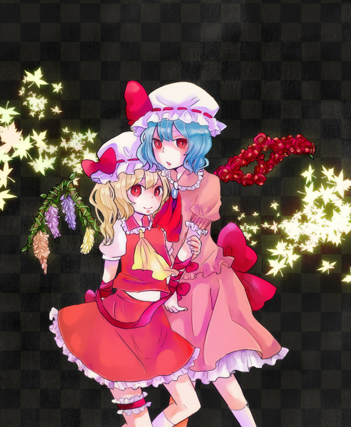 ichigo15, flandre scarlet, remilia scarlet, touhou, bad id, bad pixiv id, 2girls, alternate wings, blonde hair, blue hair, female focus, flower, hat, multiple girls, ponytail, red eyes, rose, short hair, siblings, side ponytail, sisters, wings