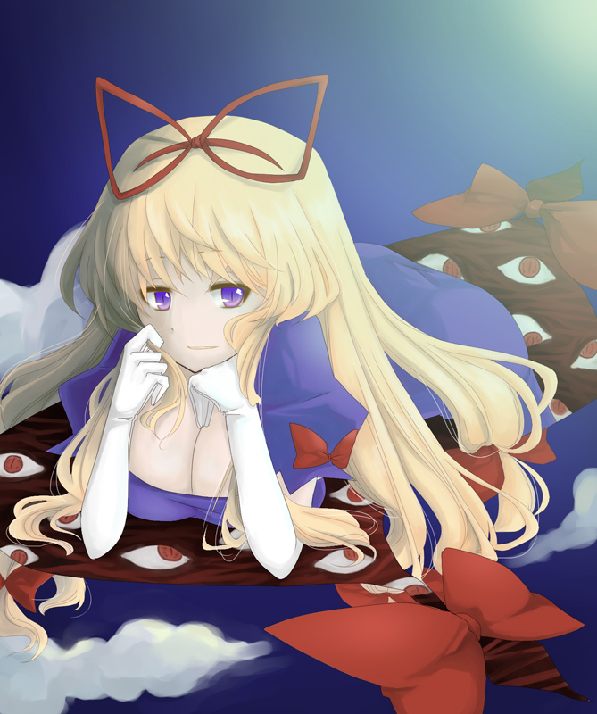 nishino miyuki, yakumo yukari, touhou, bad id, bad pixiv id, 1girl, blonde hair, breasts, cleavage, elbow gloves, female focus, gap (touhou), gloves, hair ribbon, large breasts, long hair, purple eyes, ribbon, solo, white gloves